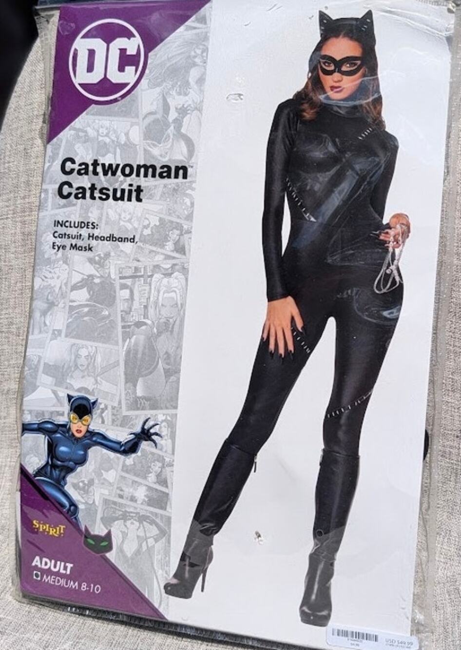DC Catwoman Catsuit Halloween Costume Adult 8-10  Catsuit, Headband, Eye Mask